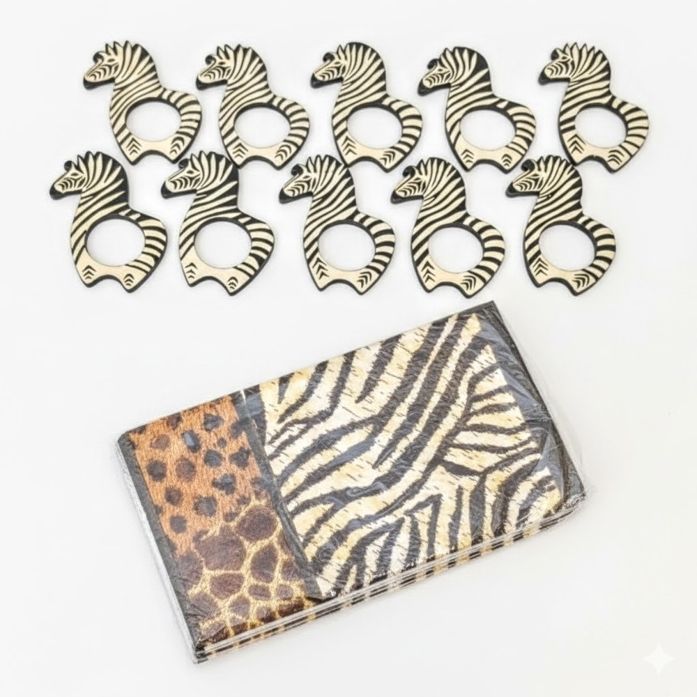 Safari Party Bundle Hand Carved Zebra Napkin Rings Set of 10 Animal Print 2 Ply